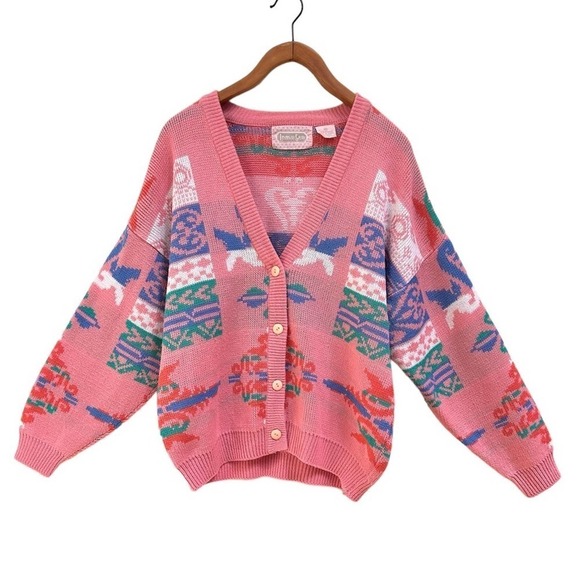 Vintage Sweaters - Vintage Pink 80s 90s Lindsay Gray Cardigan Sweater Made in Korea, Size Medium